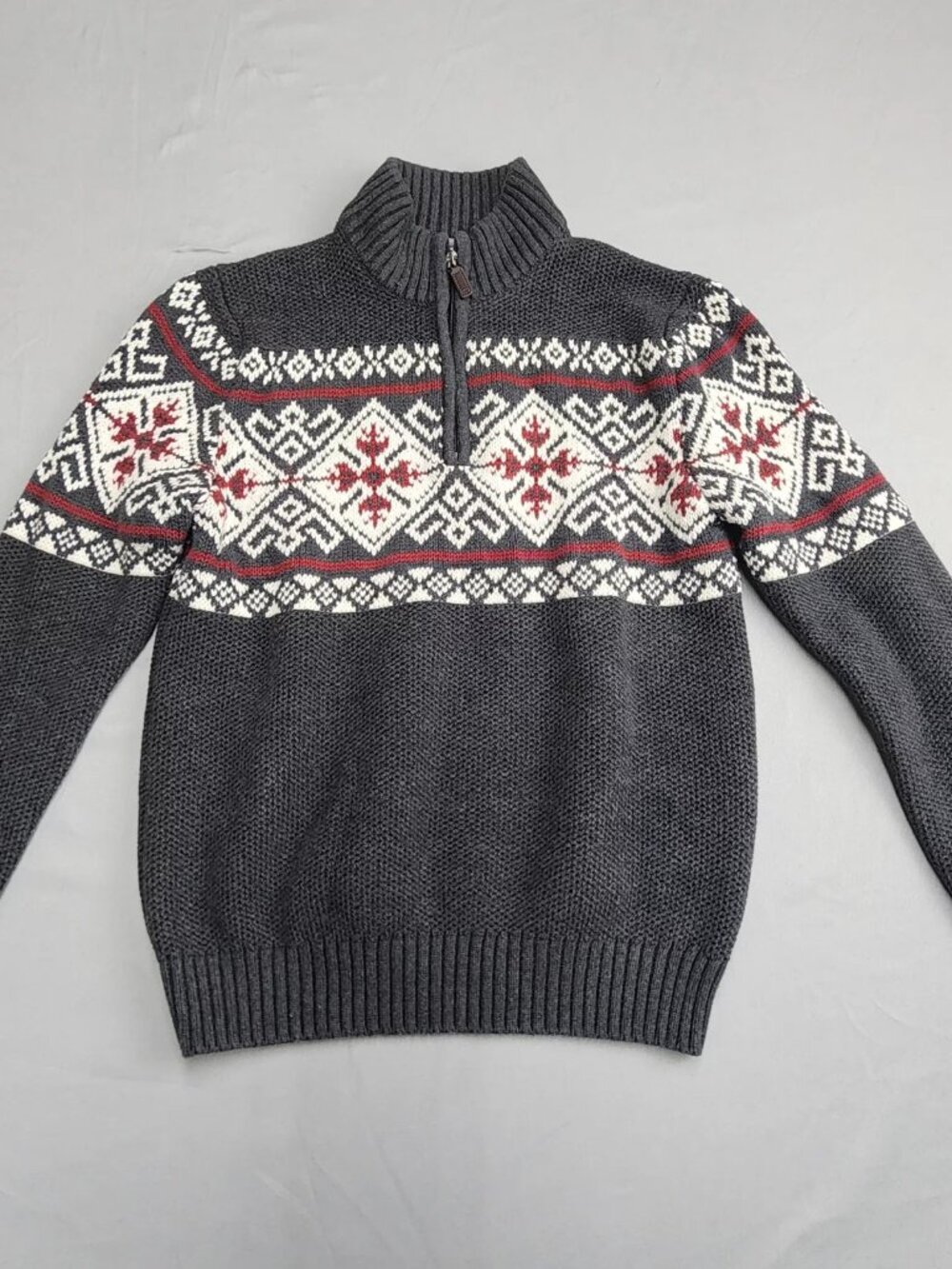 IZOD Mens Medium Charcoal Gray Fair Isle Quarter Zip Pullover Sweater Mock Neck